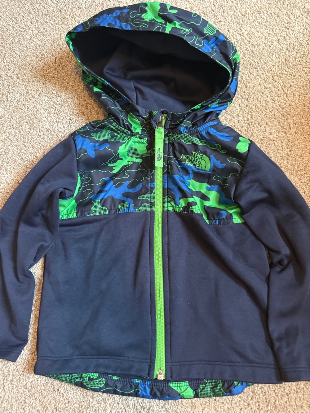 The North Face Navy Jacket with Blue & Green Camo Hood